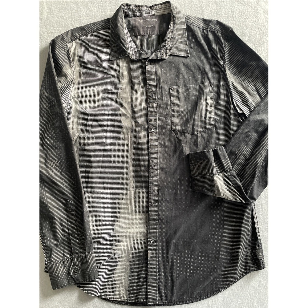 Calvin Klein Jeans Men's‎ Lng Sleeve Faded Blk Grey Grid Button-Down Shirt L